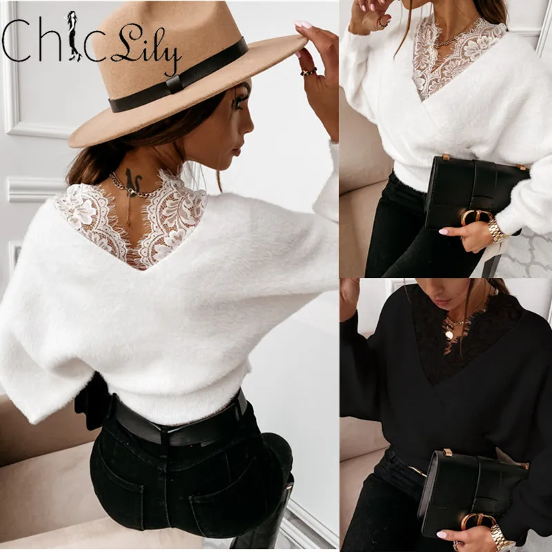 

Sexy Women Solid Color Sweater Patchwork Design Lace See Through V-Neck Backless Long Sleeve Loose Plush Pullovers Top