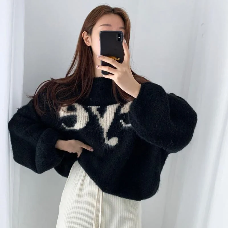 

Retro Round Neck Letter Printing Mohair Sweaters 2021 Autumn New Contrast Color Loose Knitted Pullover Knit Sweater for Women
