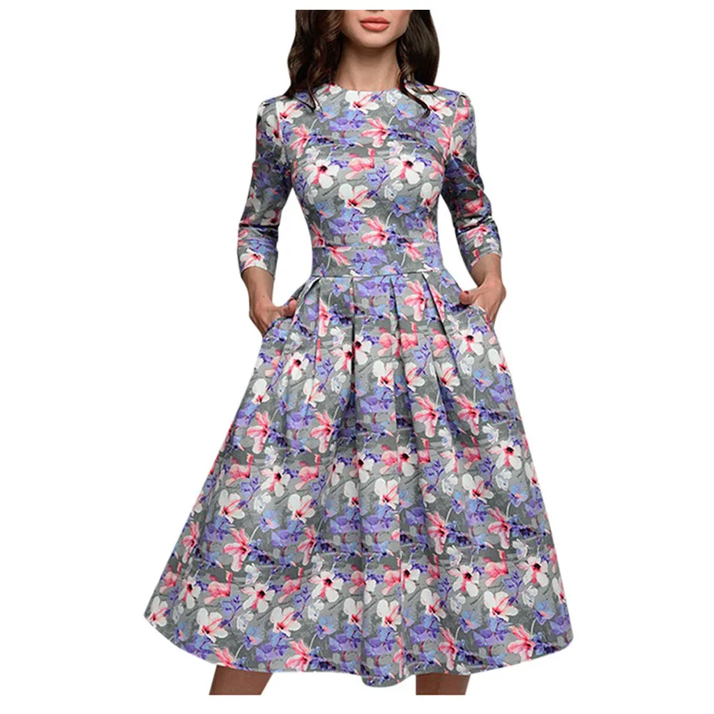 Винтажное платье женское модное Цветочное с круглым вырезом и рукавом 3/4