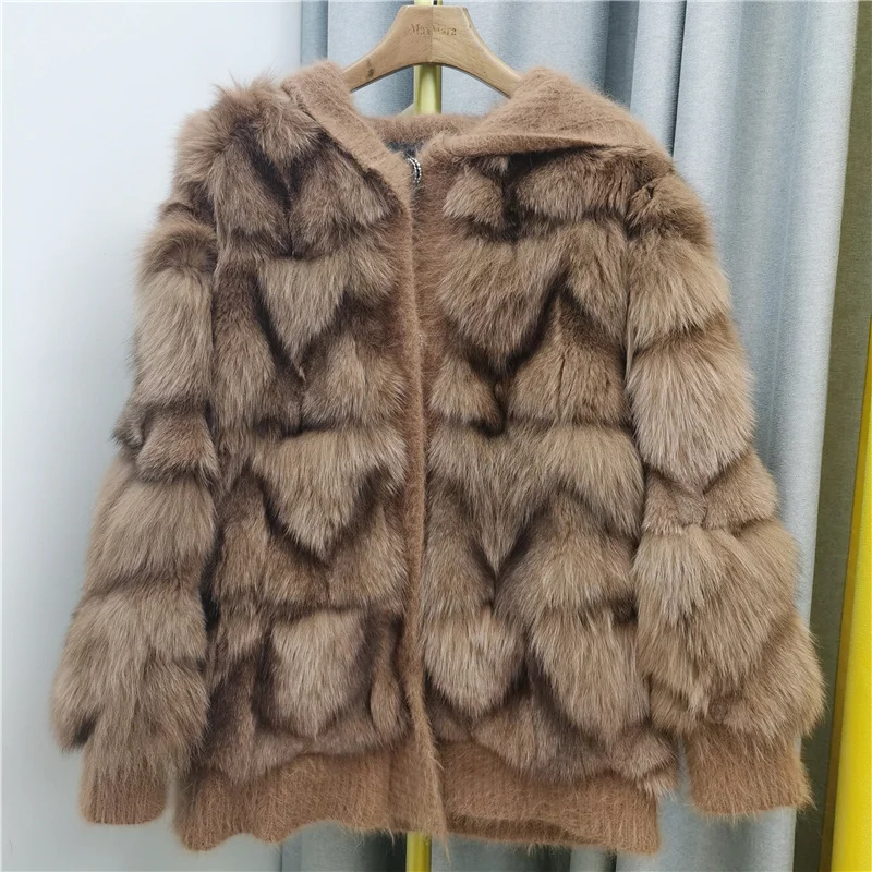 2023 New Fur Women Coat With Hood High Waist Fashion Slim Real Fur Jacket Natural Fox Fur Coats