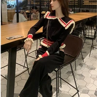 new chic sweet girl 2 piece set women knitted contrast color peter pan collar long sleeve sweater topwide leg pants suit autumn