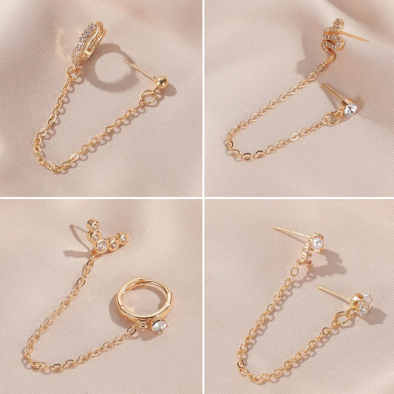 

1 PCS Sweet Cute Moon Crystal Ear Cuff Pierced Clip Earring with Chian Trendy Simple Small Gold Color Snake Earrings Ear Jewelry