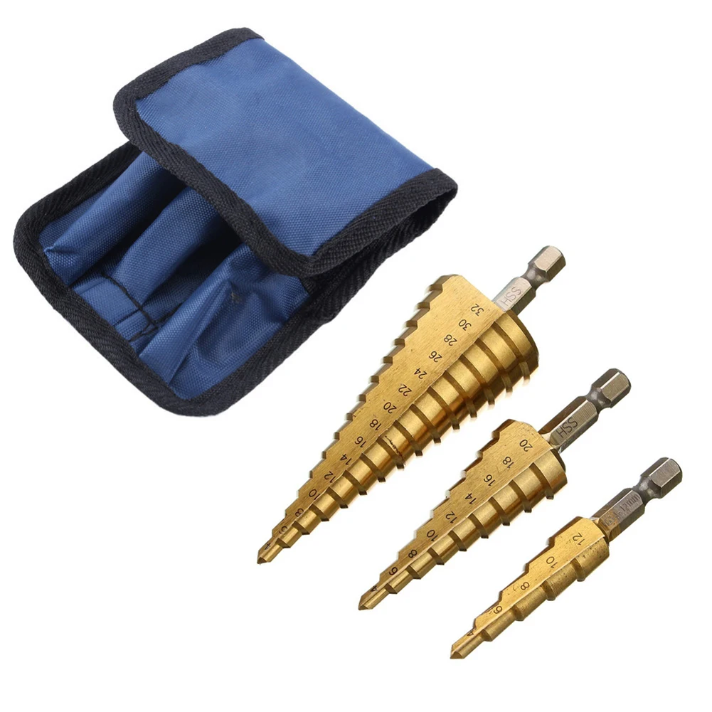 

3pcs Hss Steel Titanium Step Drill Bits Head 4-32mm 4-12mm 4-20mm Cone Cutting Tools Woodworking Metal Drilling Drill Bit Set