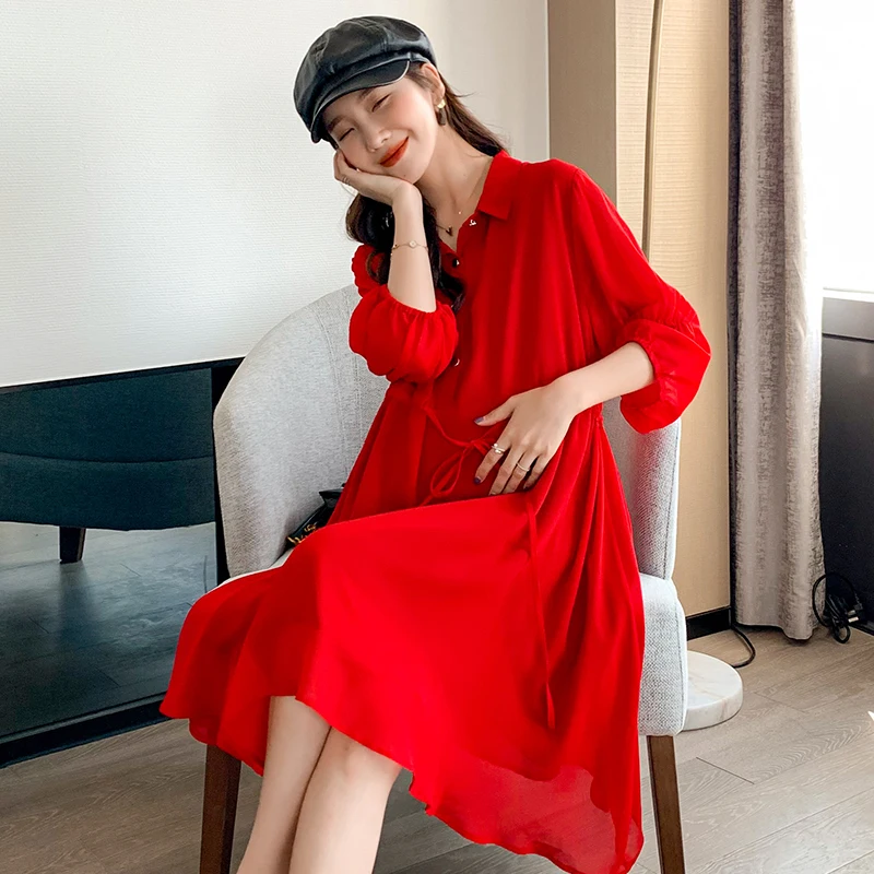 

Plus Size 2021 Summer Long Elegant Chiffon Loose Red Dress Female Turn Down Collar Waist Drawstring Loose Dress Casual Vestido
