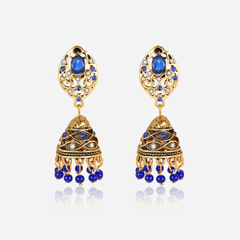 Афган золотые металлические серьги индийские Jhumka синие хрустальные Висячие для