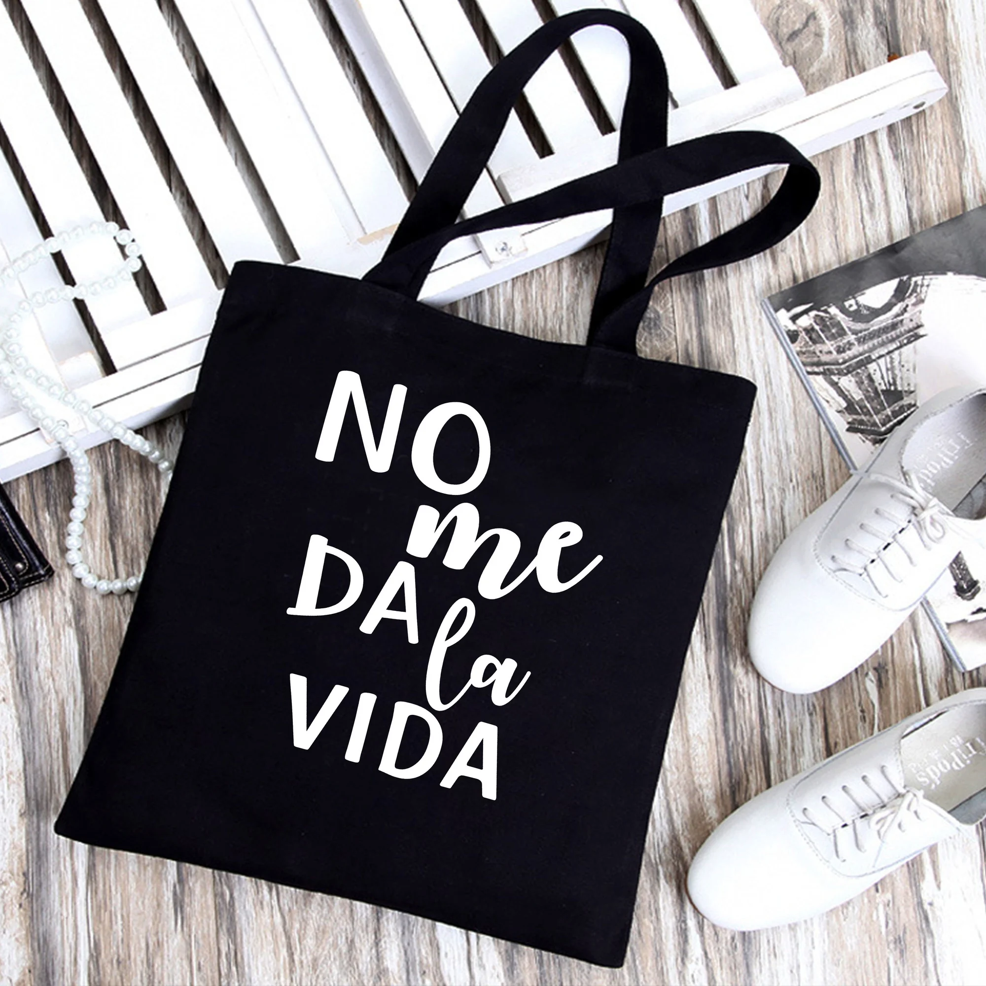 

Fashion Women Tote Bag Spanish Letter Graphic Print Shopping Bags Black Canvas Bag For Lady Girl Gift Black Shoulder Bag