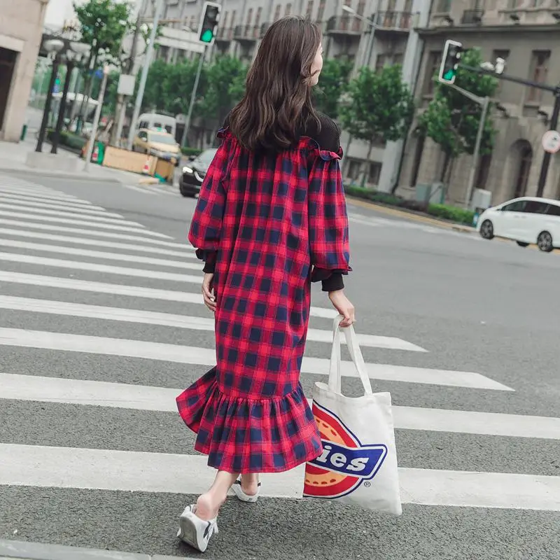 Женский свитер в клетку GETSPRING длинный с круглым вырезом и рукавами-фонариками