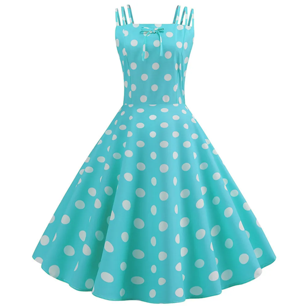 Женское винтажное платье в горошек голубое свободное стиле ретро 50s 60s лето