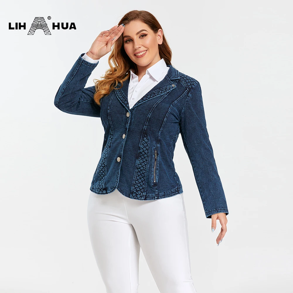 

LIH HUA Women's Jacket Plus Size Casual Denim Jacket Premium Stretch Blouses Knitted Denim Chaquetas