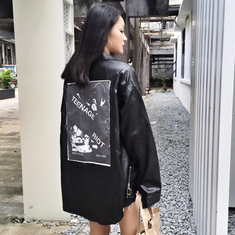 Весна 2019 черная Свободная рубашка из искусственной кожи Женский однобортный