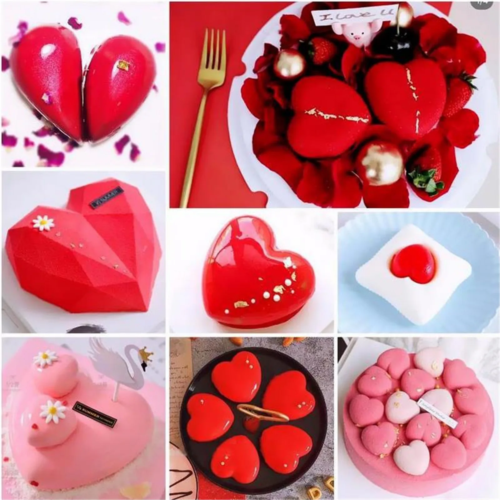 

2021 Super Waarde Set 8-Gat Diamant Hartvormige Siliconen Spons Cake Mousse Chocolade Schimmel Hout Hamer Set bakvorm Set