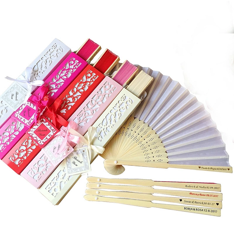 

Free Shipping 100Sets Personalized Wedding Names & Date Luxurious Silk Hand Fan in Elegant Laser-Cut Gift Box For Guest