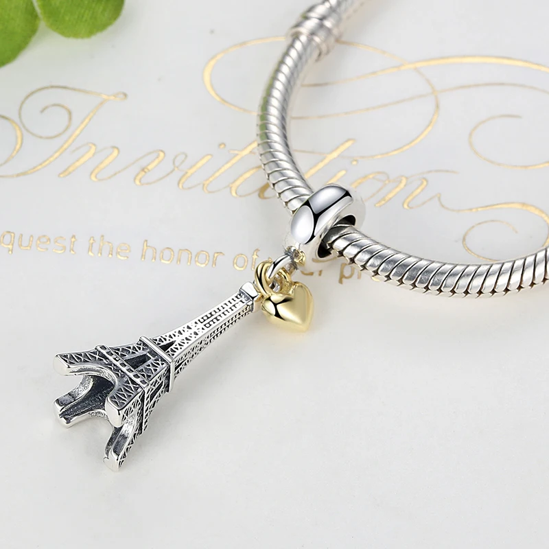 Genuine 925 Sterling Silver PARIS Eiffel Tower Gold Charm Beads Fit Original Bracelets Feather Heart DIY Jewelry |
