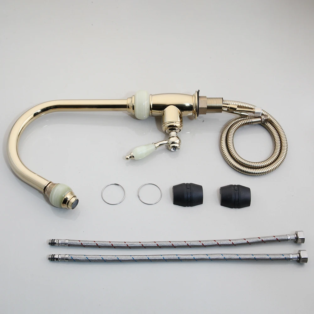 JIENI позолоченный поворотный выдвижной кухонный кран с нефритовой и алмазной