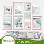 WTQ настенная Картина на холсте с изображением розового Эгейского моря, пляжа, вишни, пальмы, постеры, картины для декора комнаты, картины, скандинавский Декор для дома