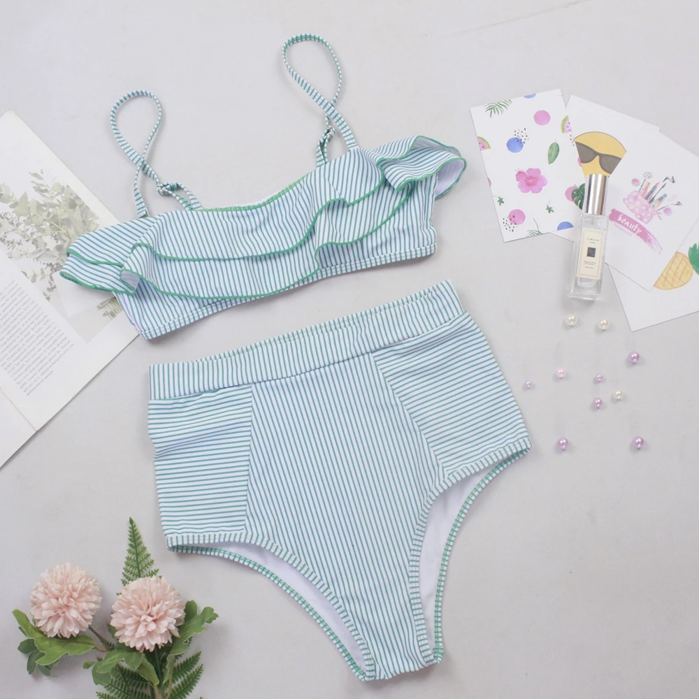 Сексуальный купальник в стиле ретро синий полоску бандо пуш-ап высокая талия