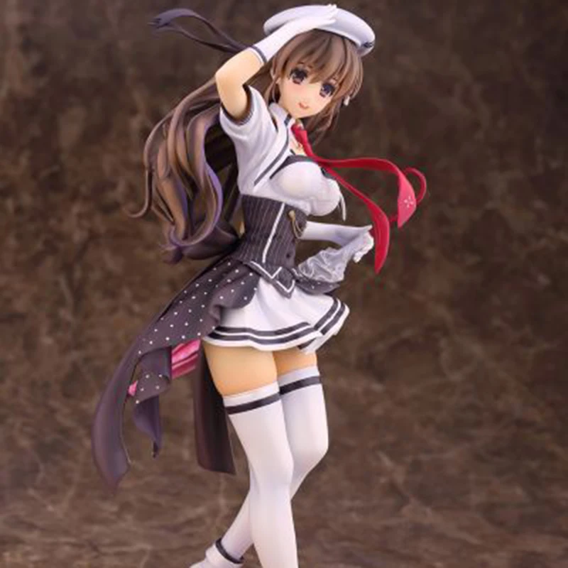 

25cm Anime Haruna Mishima Action Figure PVC Long Brown Hair Stockings Berets Mini Skirt Gloves Scene Base Collections Model Toys