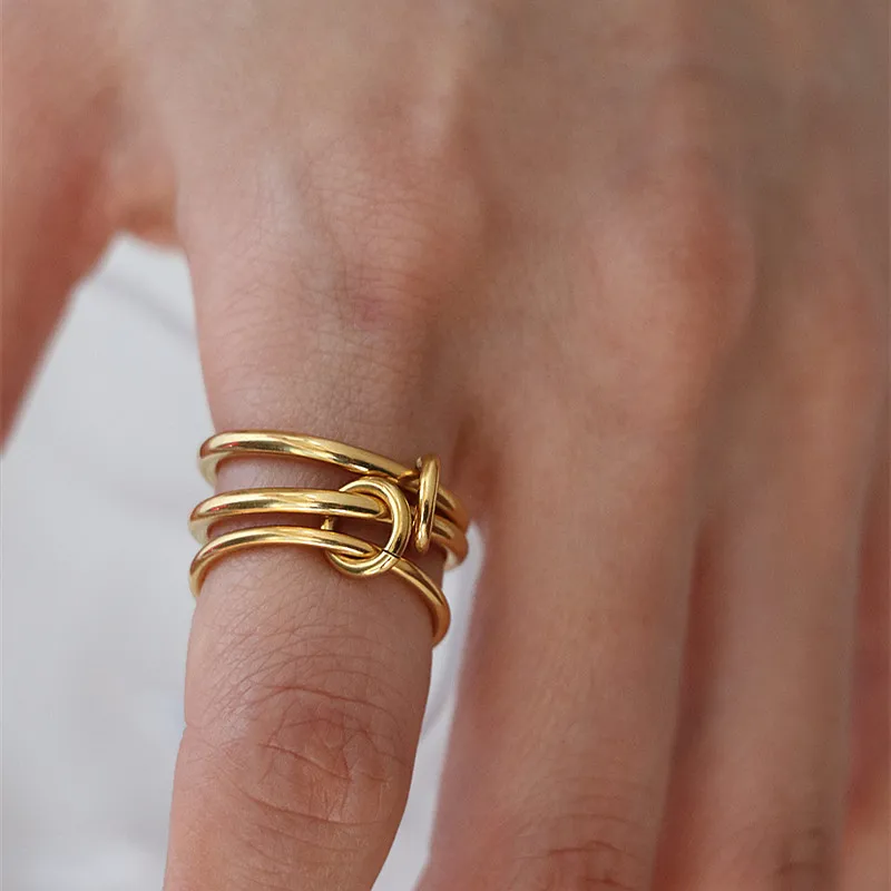 

Titanium With 18 K Gold Circle Piled Rings Women Jewelry Punk Designer Club Cocktail Party Japan Korea Fashion