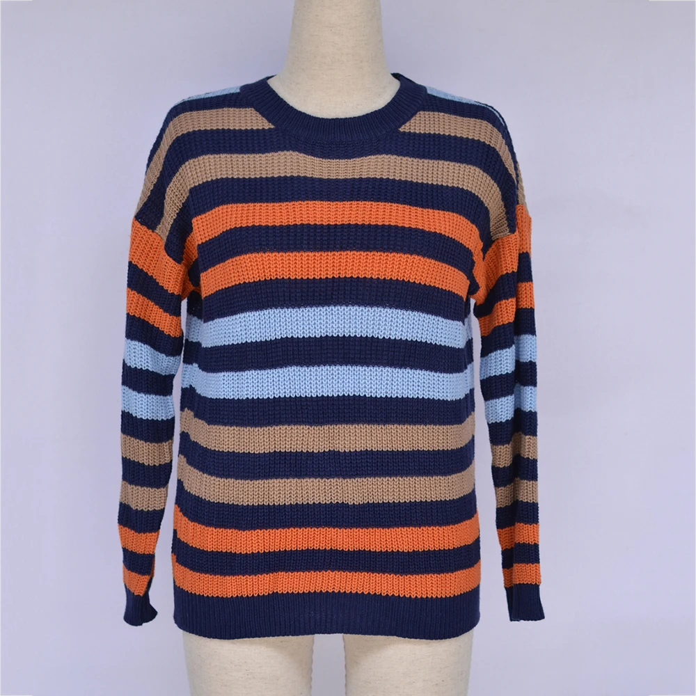 

Women Striped Pullovers Autumn Winter Long Sleeve Patchwork Knitted Sweaters Casual Streetwear Oversized Loose Jumper Sweater
