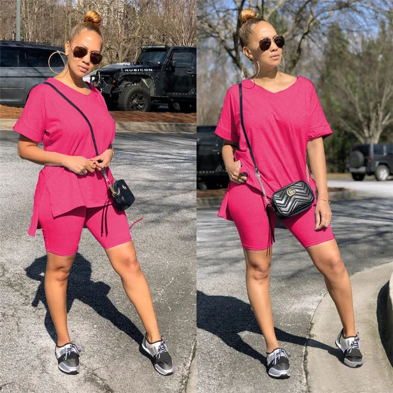 

Women Solid Sports Casual Two Piece Set Short Sleeve Tee Top Above Shorts Suit Tracksuit Workout 2pcs Outfit 3 colors