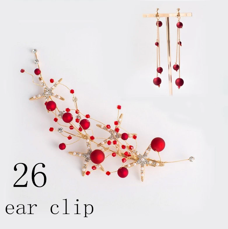 26 ear clip Новая тиара ручной работы с кисточкой красная лента-ободок для волос с цветами и жемчугом+ серьги свадебные цветочные гирлянды невесты вечерние свадебные женские аксессуары для волос - Окраска металла: 26 ear clip