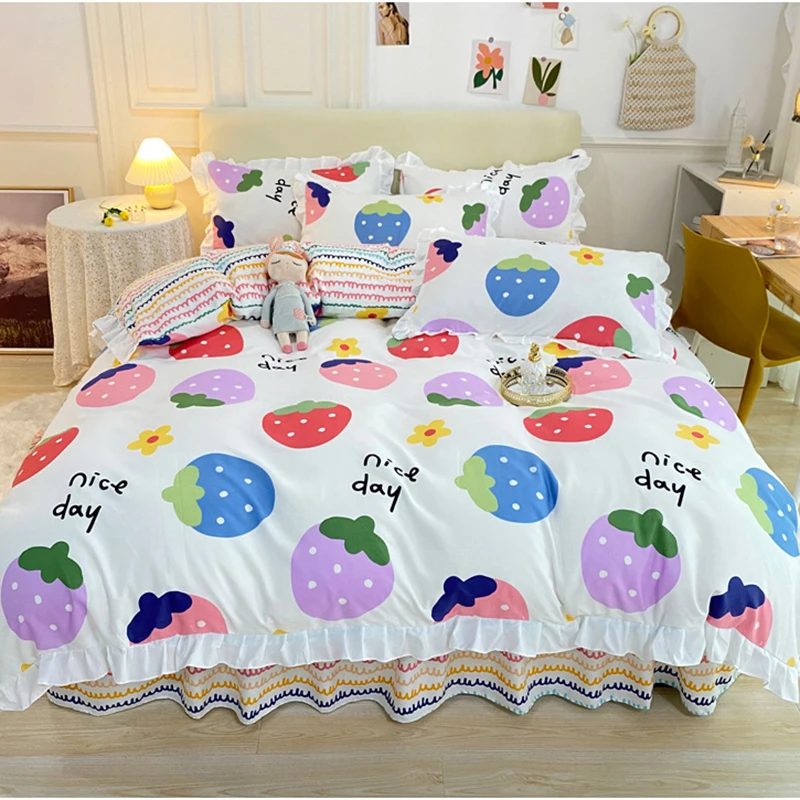 2021 Cute Lion White Bedding Set Kids Colorful Duvet Cover For Girls Bed Skirt Autumn 3/4 Pieces Lace Cartoon Linen | Дом и сад