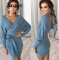 white warm sexy bodycon wrap sweater dress women autumn 2019 long sleeve sashes tied mini casual cotton knitted winter dress
