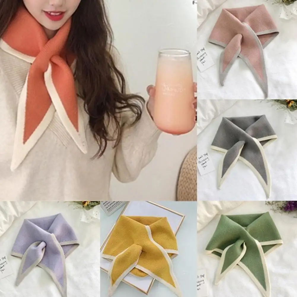 

Winter Wool Knitted Scarf Women Knit Elastic Bow Cross Warm Scarf Collar Sweet Mini Triangle Scarf Soft Small Fake Collar Neck