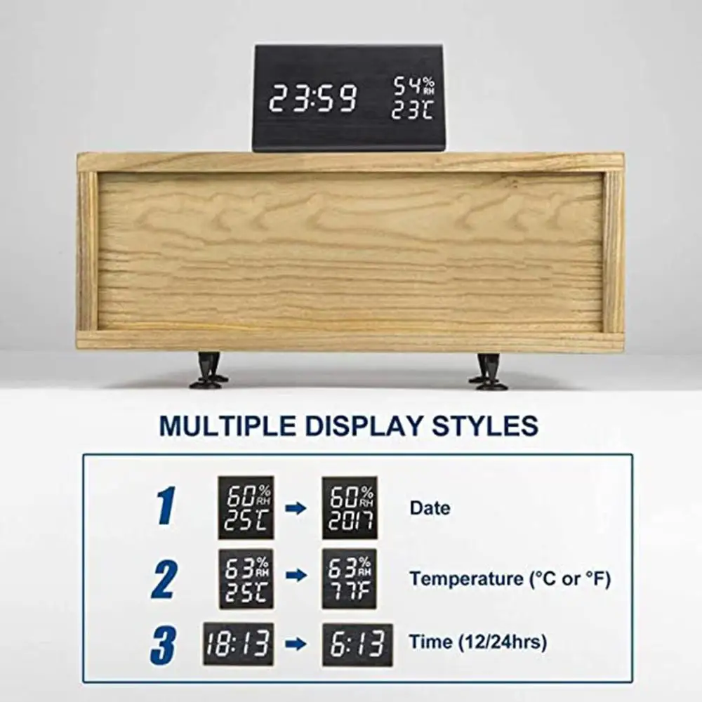

Humidity thermometer Alarm Clock LED Wooden Watch Table Voice Control Digital Wood Powered Electronic Desktop Clocks