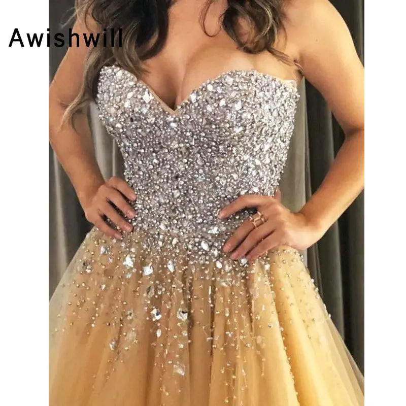 

Fashion Gold Evening Dresses Long 2020 Crystal Beading Tulle Sweetheart Neckline A-Line Women Prom Dress African Formal Gowns