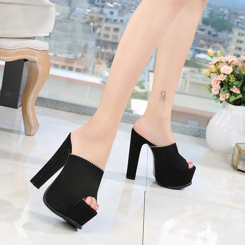 

Sexy thick heel super high heel sandals female summer black 15cm nightclub rhinestone waterproof platform hollow fish mouth
