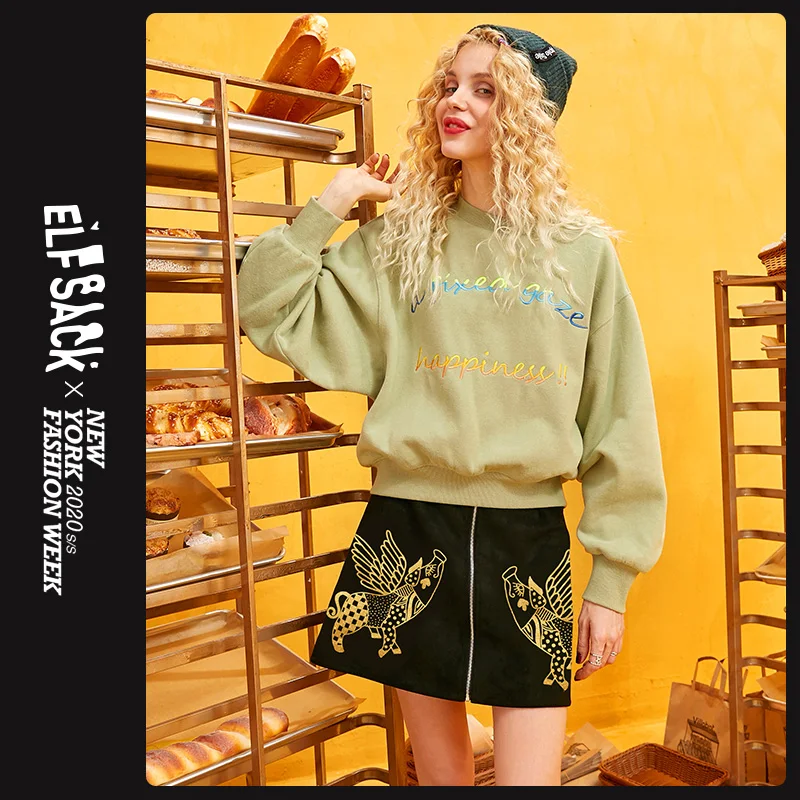 ELFSACK Black Pig Print Korean Style Women Mini Skirt Autumn Fashion Streetwear Bronzing Retro Vintage A Line Female Skirts