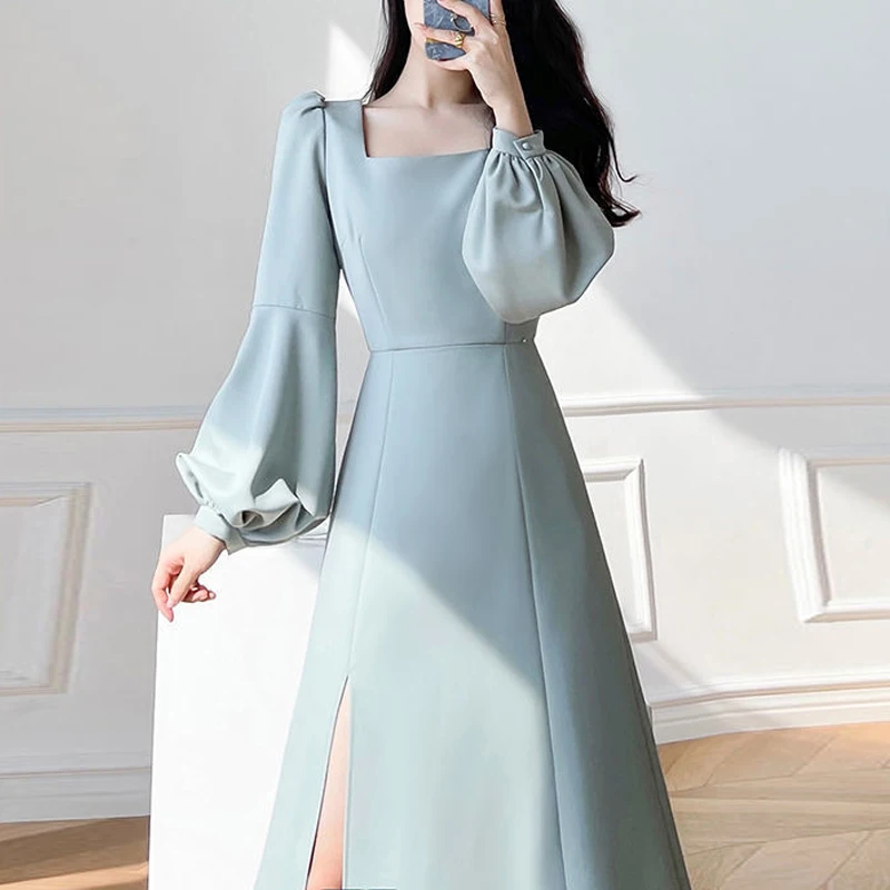

Elegant Party Sexy Split Side Dress Women Korean Chic Vintage Square Collar Long Puff Sleeve Midi Dress Casual Vestidos 2022 New