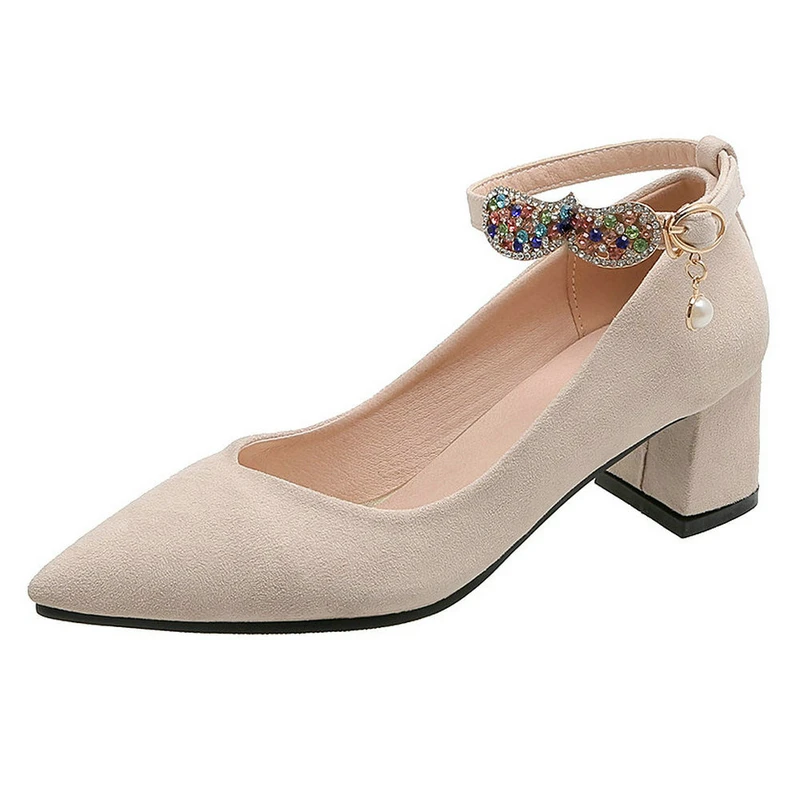 

2021 Women Shoes Fashion Spring Shallow Buckle Strap Pointed Toe Stiletto Shoes Comfort Square Med Heels Black Pumps Ladies 43