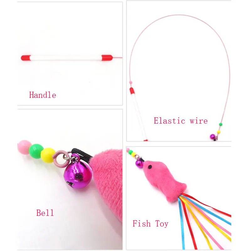 Elastic Metal Boom Tease Cat Stick Funny Toy + 3 Pcs Replaceable Plush Fake Fishes Playing With Your Kitten Pets Make Fun | Дом и сад