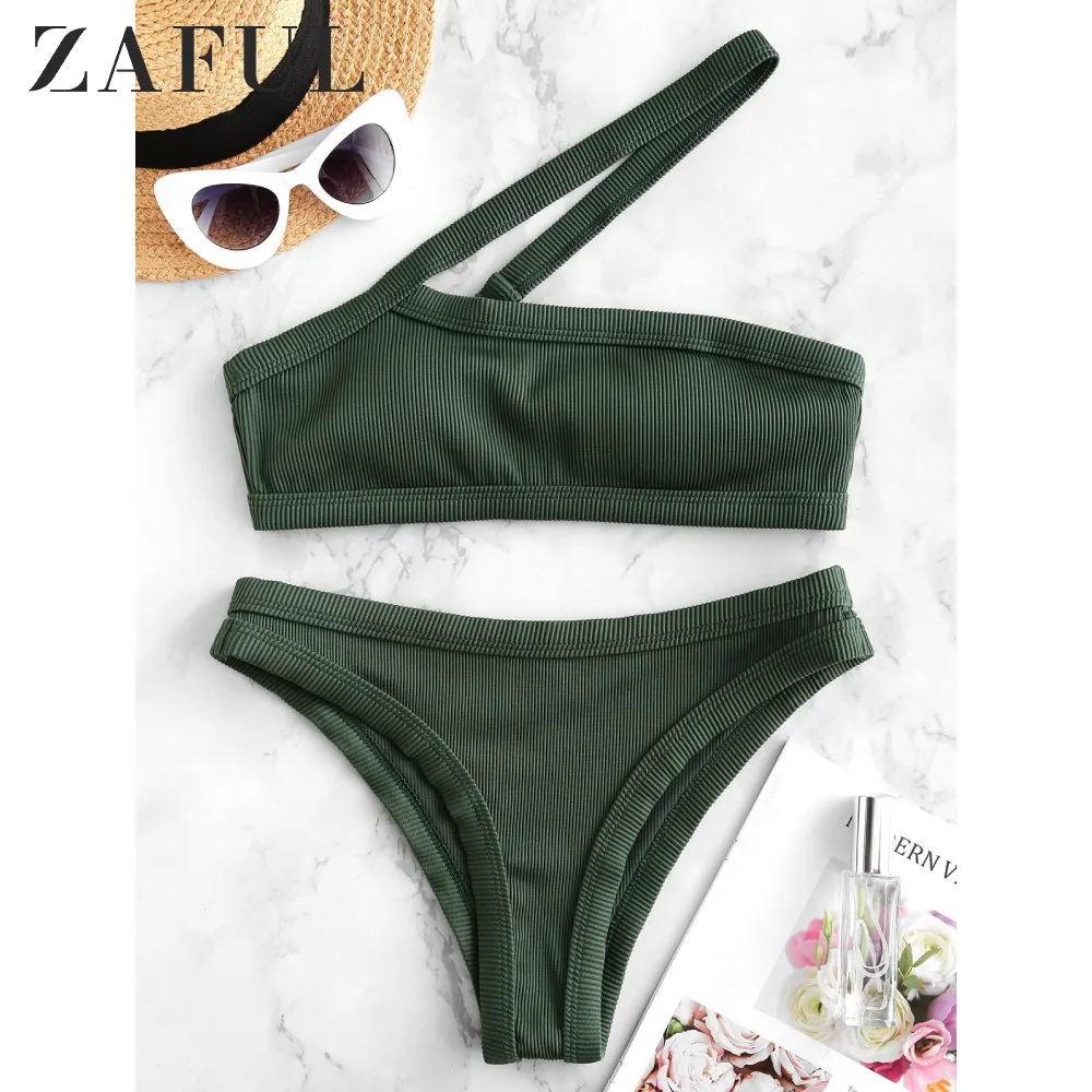 Женский Асимметричный купальник бикини ZAFUL с вырезами на одно плечо со съемной