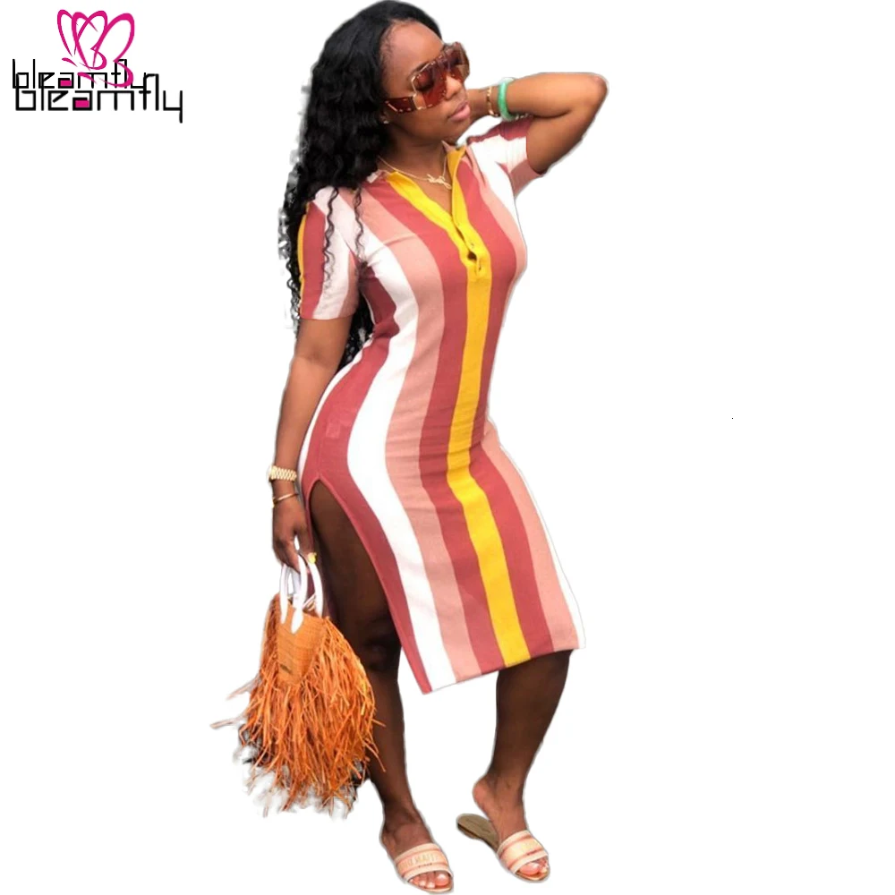 2019 летнее женское модное платье миди с коротким рукавом и полосатым принтом