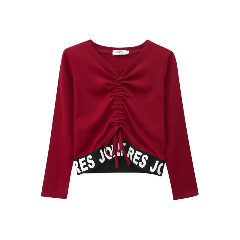 

Women Long Sleeve Drawstring Lace-up Top Summer T-Shirts Fashion V-neck Casual Woman Top Tees for Women Ladies Female 2020 new