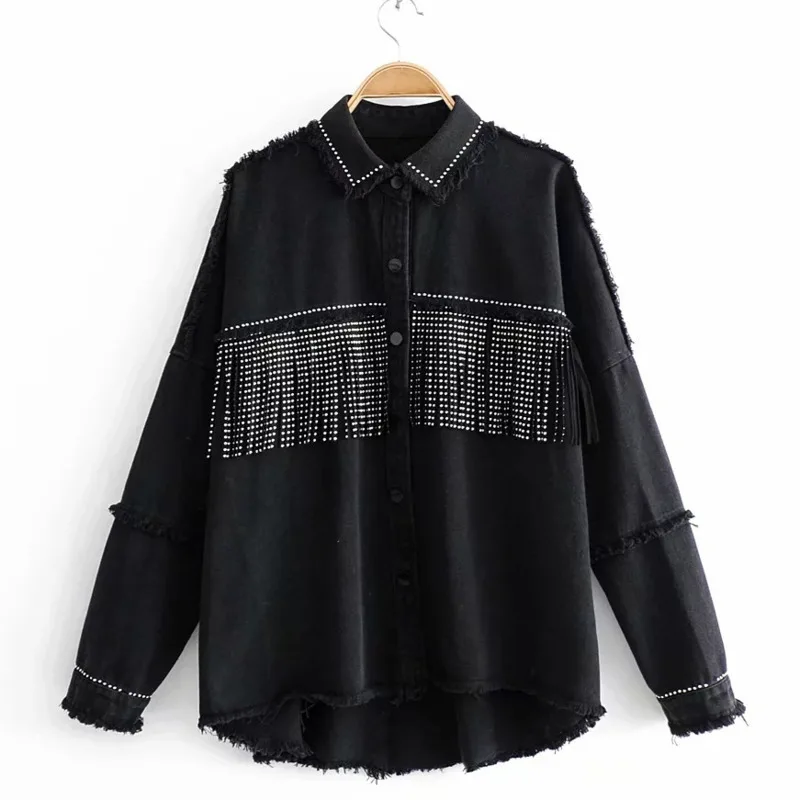 Новинка 2020 расшитые блестками женские черные свободные джинсовые куртки