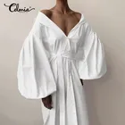 2021 Celmia модные женские платья-миди с рукавами-фонариками и поясом, рубашка с воротником-стойкой, повседневные свободные платья на пуговицах с поясом