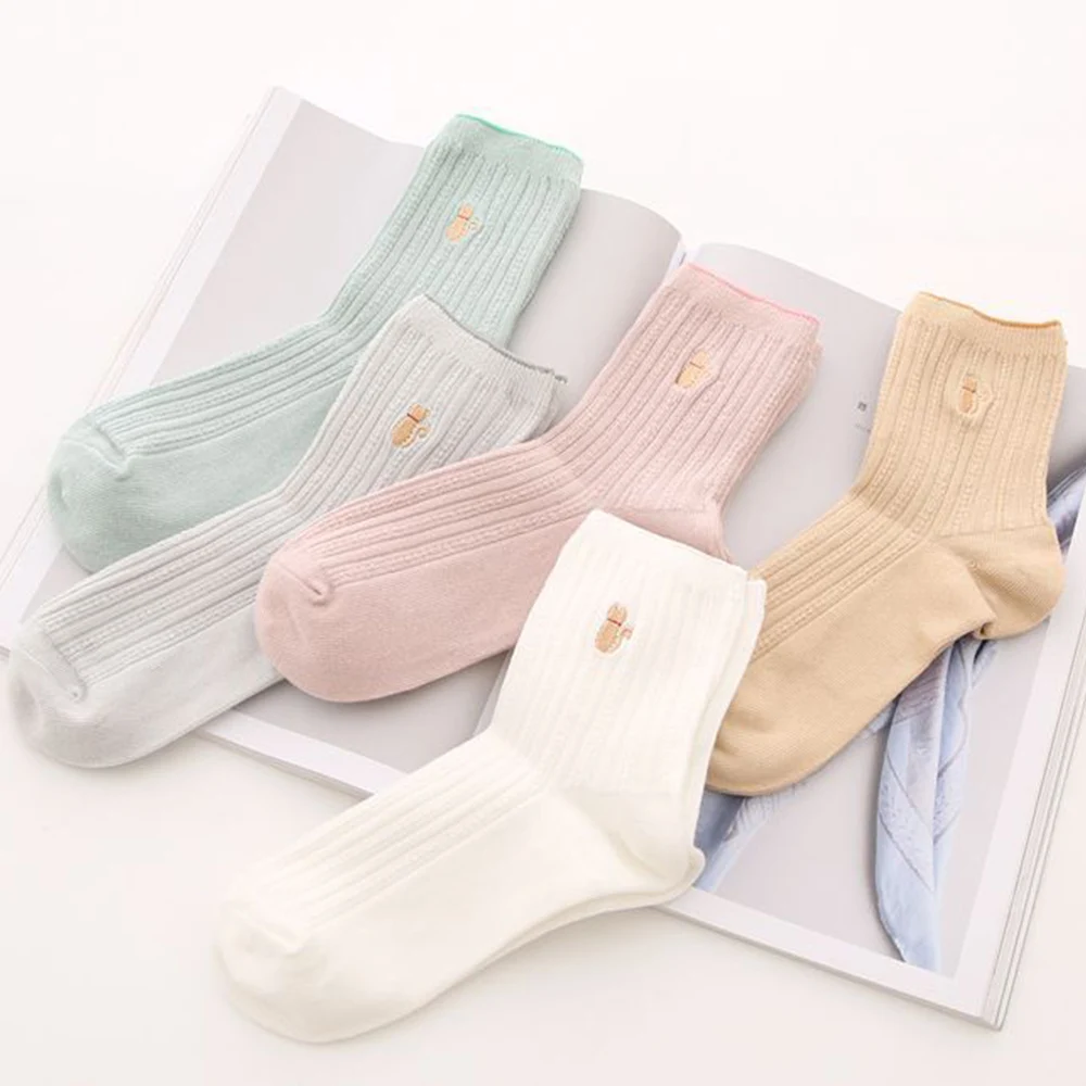 Женские носки Осень-зима новые хлопковые Мультяшные животные кот вышивка