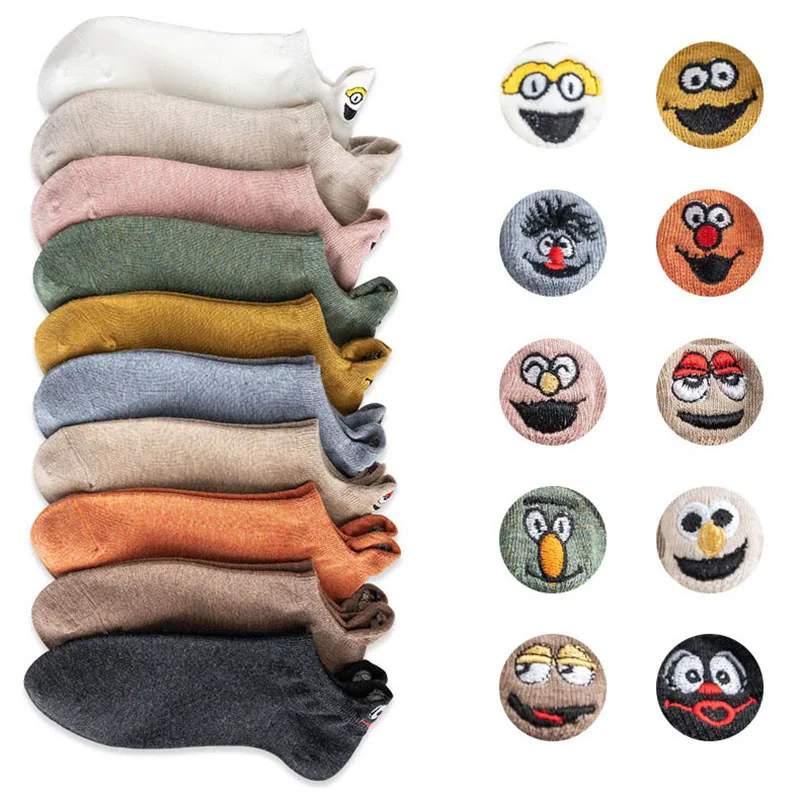 

10 Pairs/Lot Women Embroidered Expression Socks Set Smile Personality Lovers Funny Boat Short Heel Cotton Socks Christmas Gift