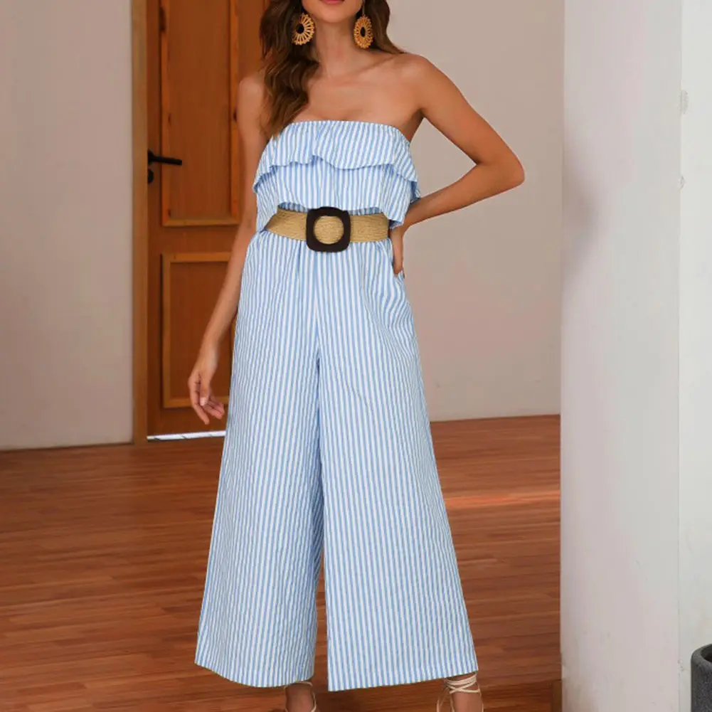 

Fashion Women Off Shoulder Ruffle Wide Leg Slim Up Blue Striped Loose Jumpsuits Backless Female Rompers For Summer 2019