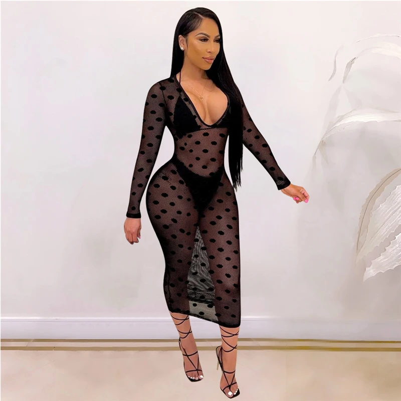 

Модная женская одежда в горошек, женское бикини с глубоким V-образным вырезом, трусики и прозрачная сетчатая накидка, купальный костюм, бикини