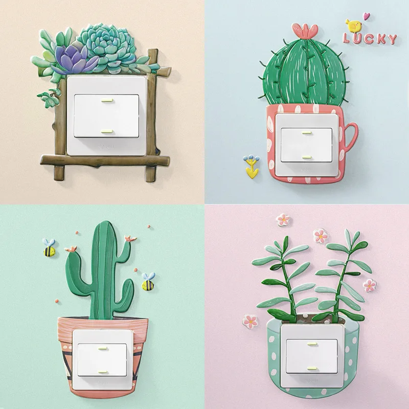 3D Cactus Fluorescent Wall Sticker on-off Protective Cover Outlet Luminous Light Switch Stickers Home Room Cartoon Decorations | Дом и сад