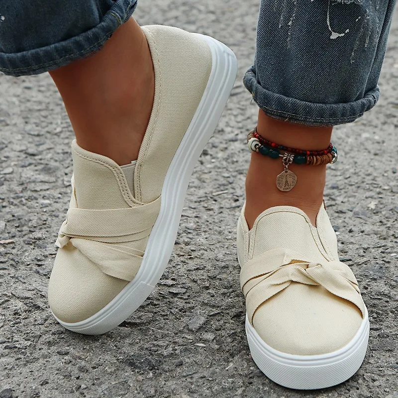 

SUNNYS Women's Flat Canvas Shoes Bowknot Round Toe Pedal Lazy Flat Women's Single Shoes Women's Loafers Zapatillas Mujer Size 43