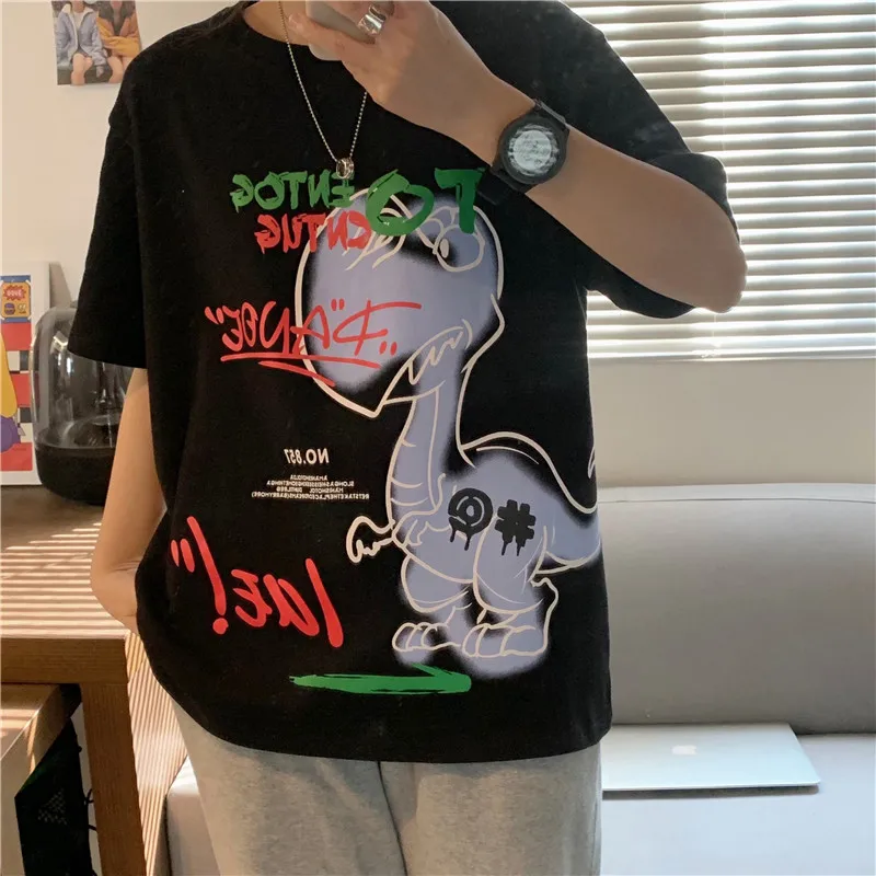 

Summer Y2k Korean Version Of Ins Casual Loose T-Shirt Female Harajuku Cartoon Anime Fun Little Dinosaur Print Female Top T-Shirt