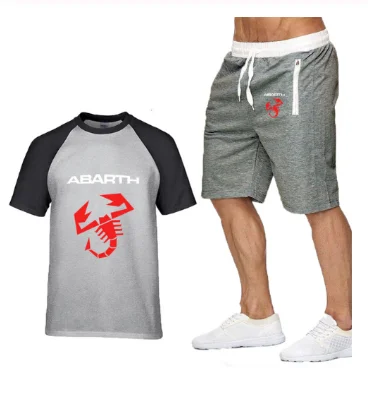 

2020NEW Men's short sleeve Abarth Car Logo Summer casual High Quality Cotton Crew neck Mens T-Shirt+Pants Suit