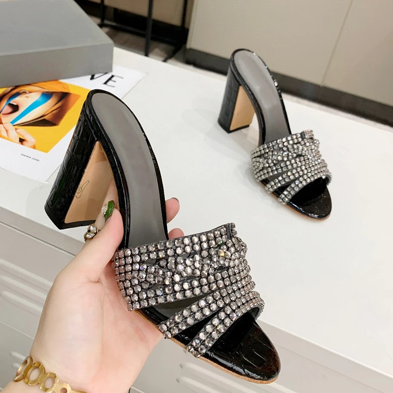 Женские мюли 2020 стразы туфли с открытым носком и кристаллами со стразами каблук 10