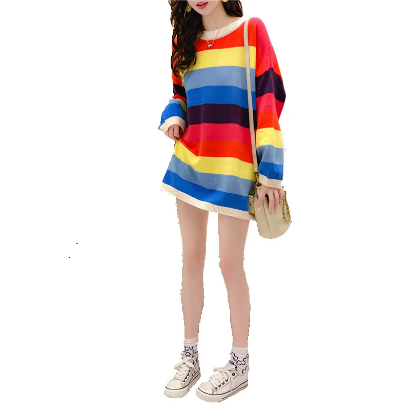 Женский свитер в полоску свободный трикотажный Корейском стиле осень 2019 |